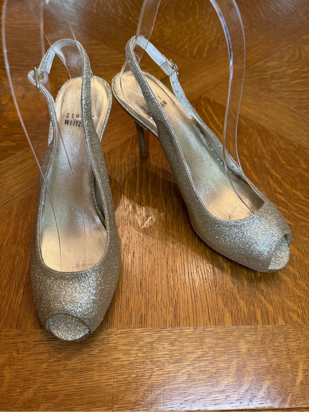 Stuart Weitzman Gold Glitter Peep-Toe Slingback Heels